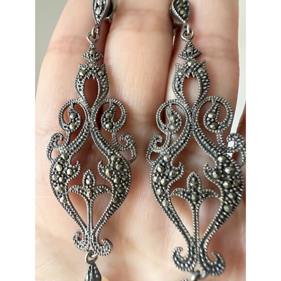 Vintage sterling silver art Deco marcasite freshwater pearl dangle Earrings - Picture 4 of 8